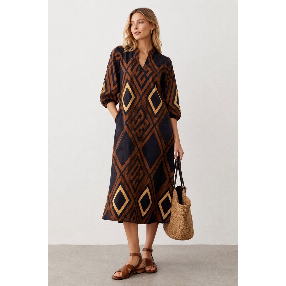 Anthropologie Porridge Mireil Midi Dress Brown Geometric Print M Petite NWT - Picture 1 of 11